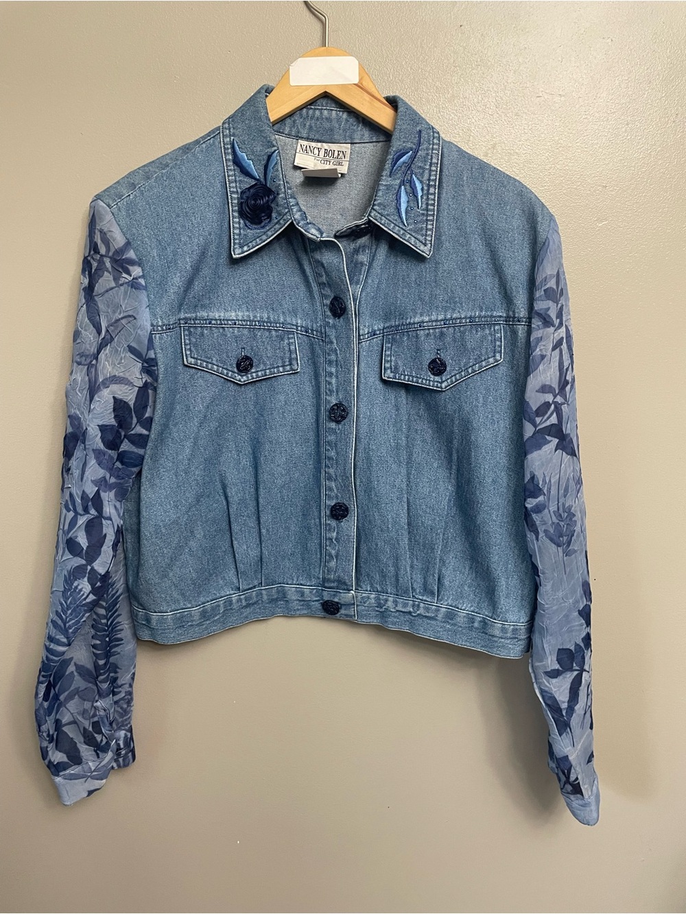 Nancy Bolen City Girl VTG Denim Jacket Embroidered Size 12 sheer sleeve boho